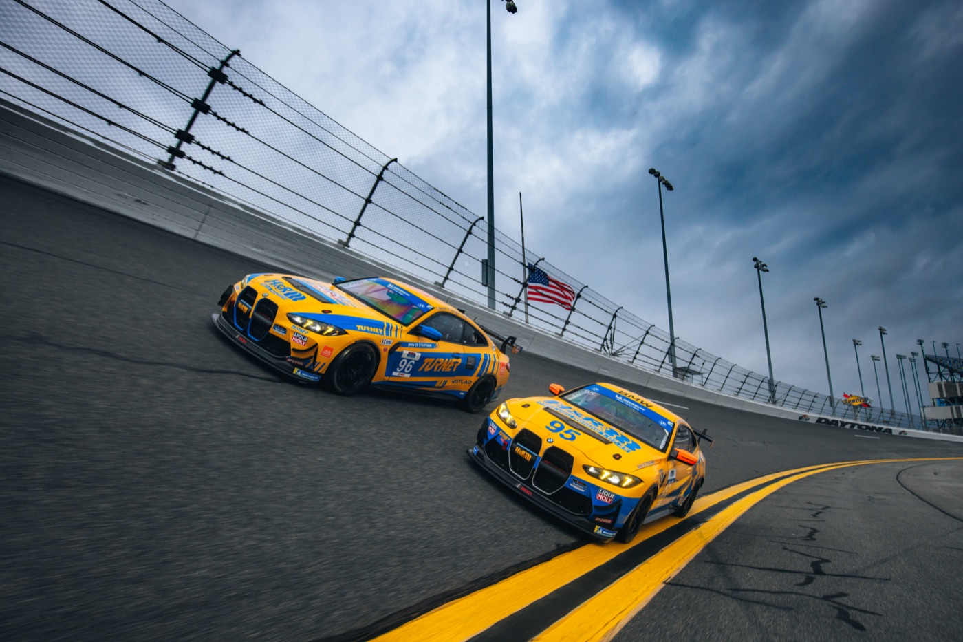 Turner Motorsport BMW M4 GT4s on the Daytona banking